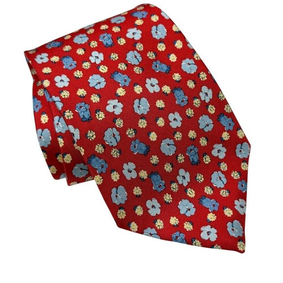 LAUREN RALPH LAUREN Red Floral Tie Designer Mens Silk Necktie Preppy Flowers - Picture 1 of 8